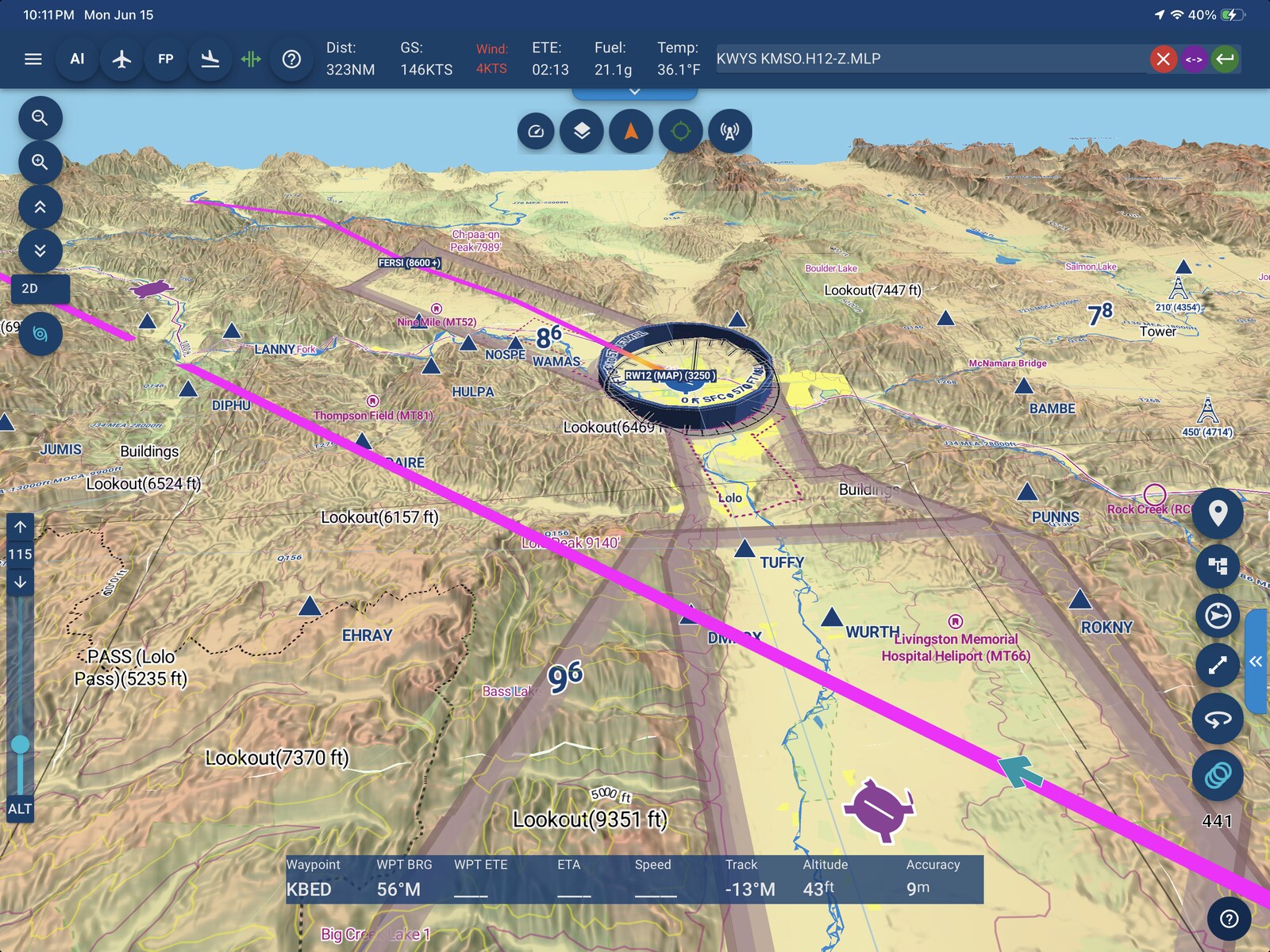 AvNav 3D aviation map with terrain, airspace, route, and traffic context
